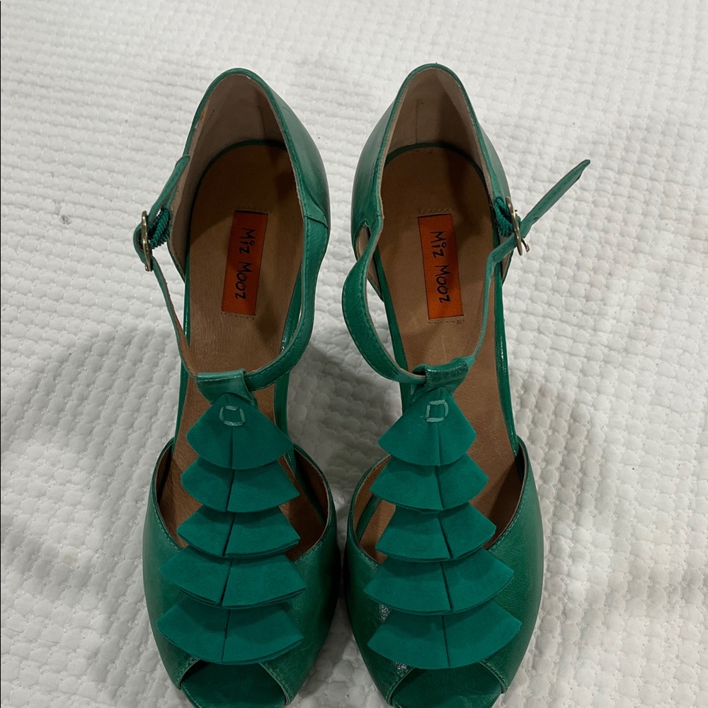 Miz Mooz sailor green Ruffle Heels boho romantic feminine sz7.5 - Picture 5 of 11